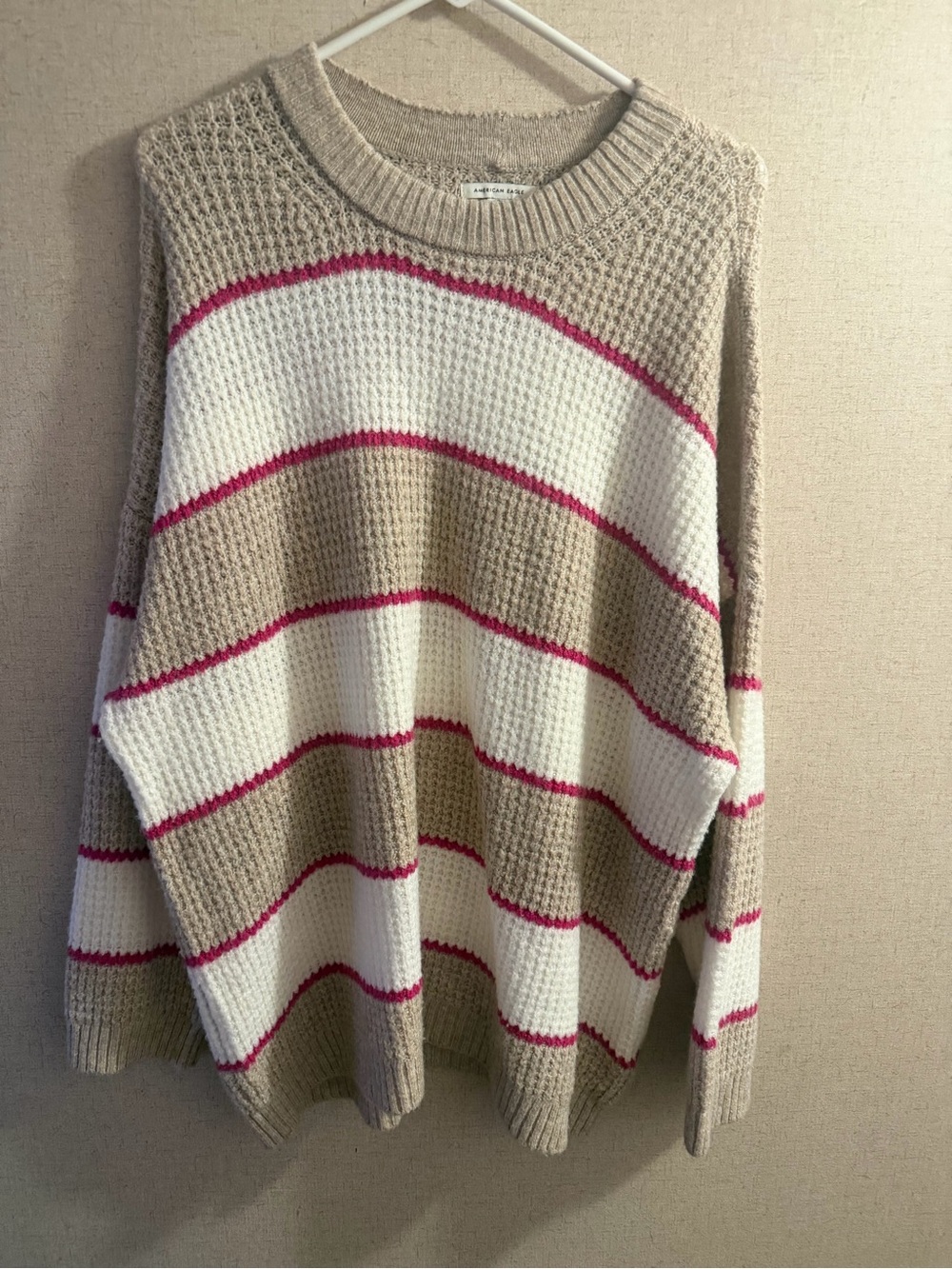 American Eagle Outfitters Beige, White & Pink Striped Waffle-Knit Sweater
